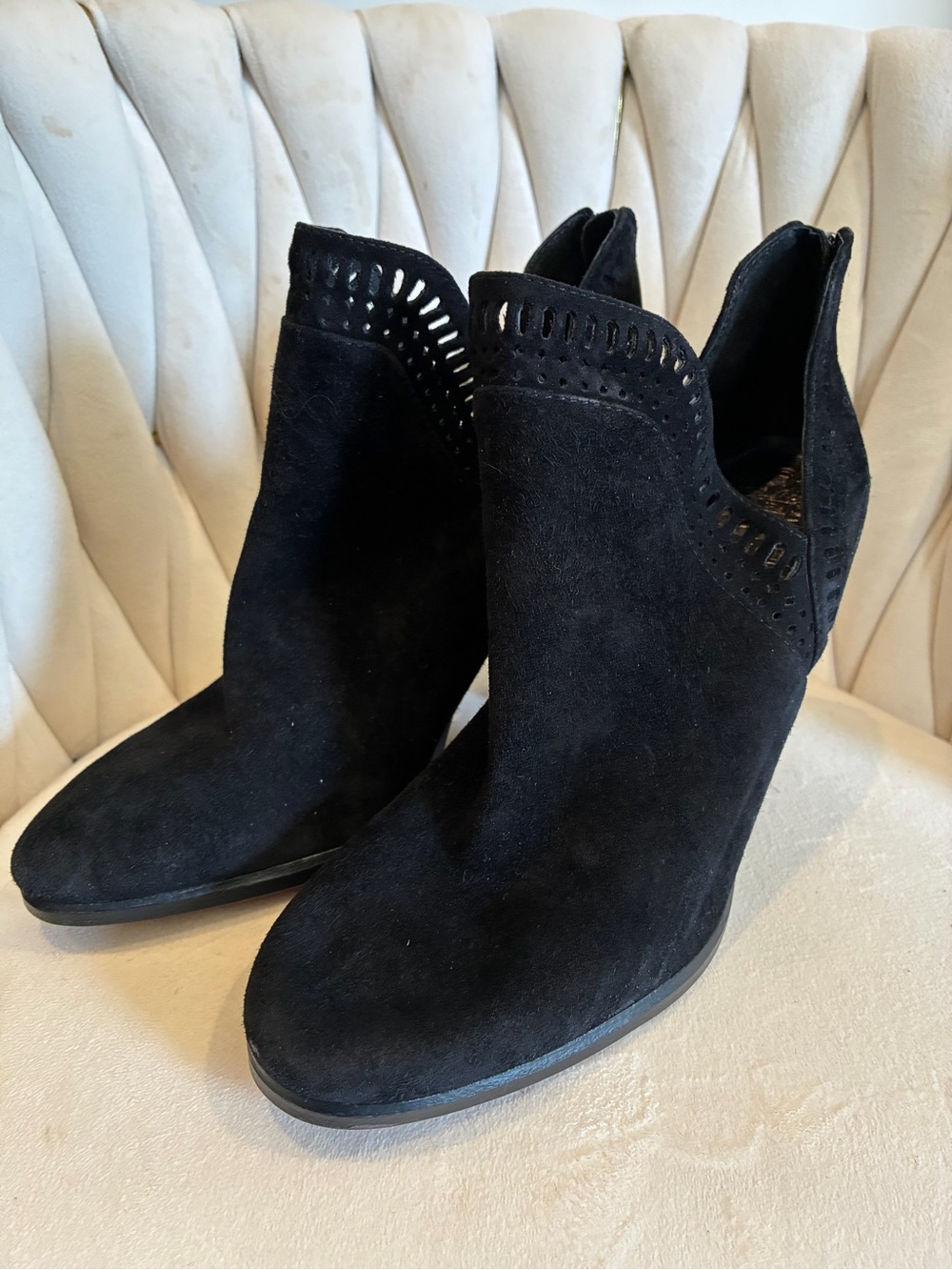 Vince Camuto Black Suede Laser-Cut Ankle Booties